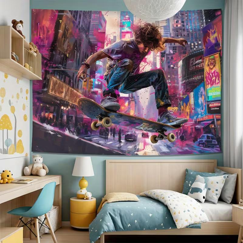 2D Street Skater Boy in Colorful City Wall Tapestry Graffiti Art Background Cloth for Living Room Home Decor