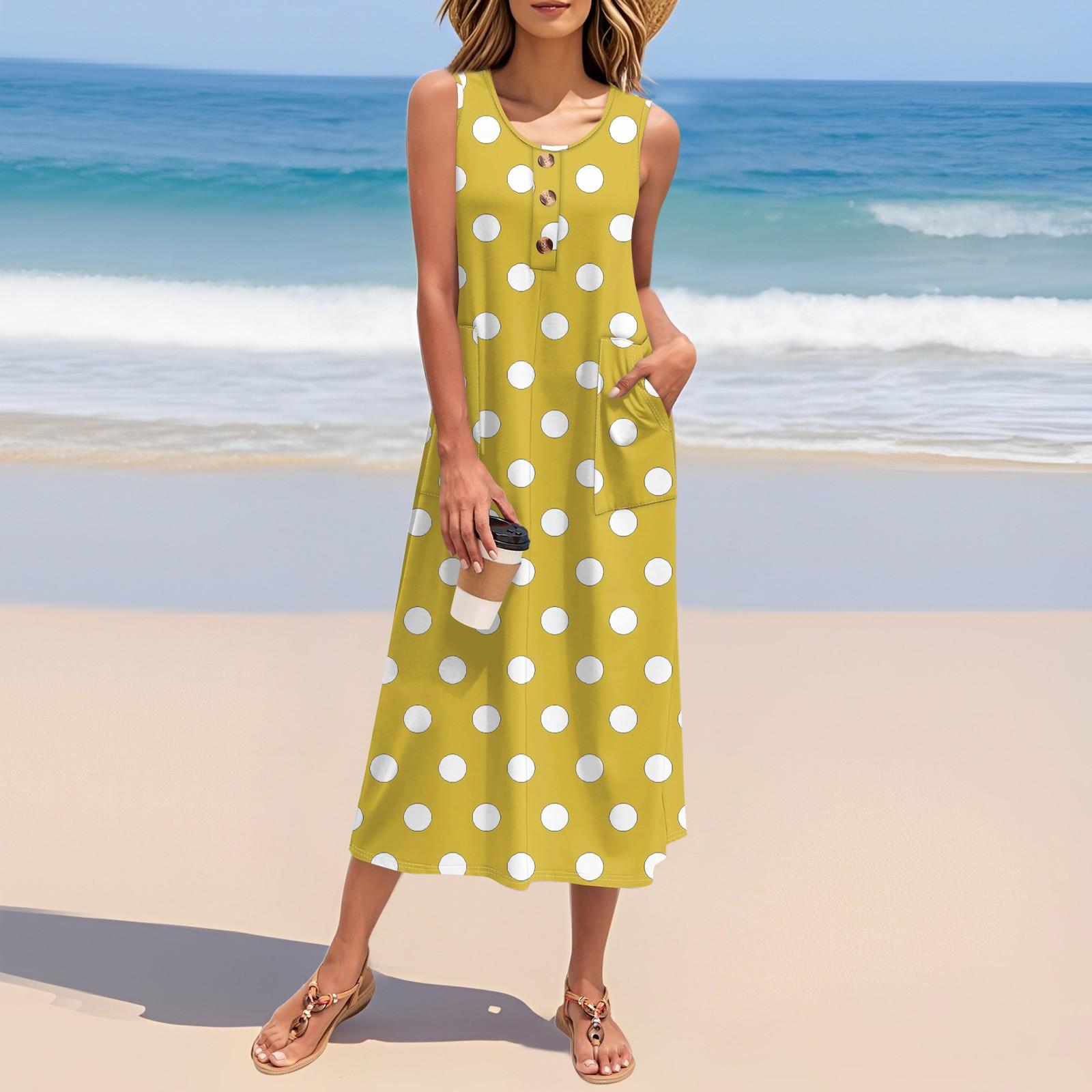 

Женское летнее платье с принтом в горошек без рукавов на пуговицах, повседневный свободный длинный пляжный сарафан XL жёлтый