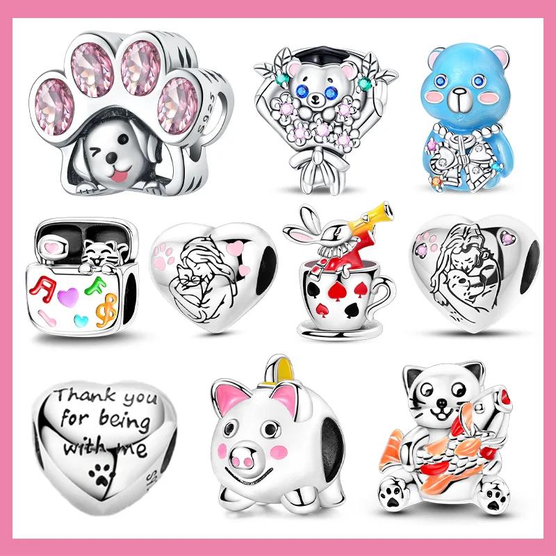 Brand New Copper Metal Cute Animals Charm Bead Component Love Pet Cat Claw Bead Components Heart Pink Zircon Hollow-carved Do It Yourself Authentic