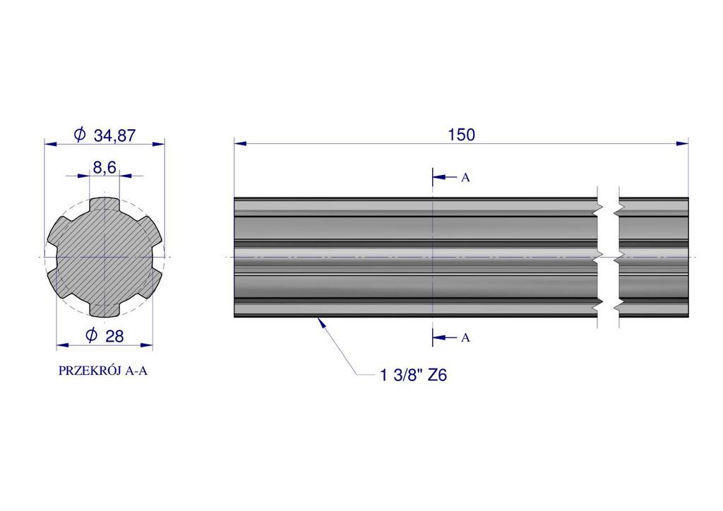 Wałek, Wom Frezowany Całościowo 150Mm Z6 - 1 3/8, Waryński