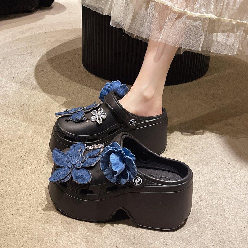 Fashion Slippers Women Summer Beach Shoes Slides Sabot Denim Floral Beach Shoes Ladies' Slippers Sabot Summer Denim Slides