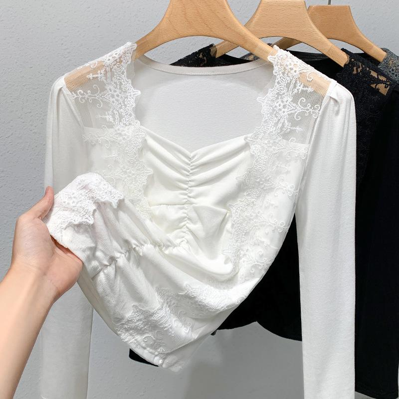 Tricou de bază cu mâneci lungi pentru toamnă pentru femei, tricou din fir dantelat pentru femei, cu design senzual, top interior plisat