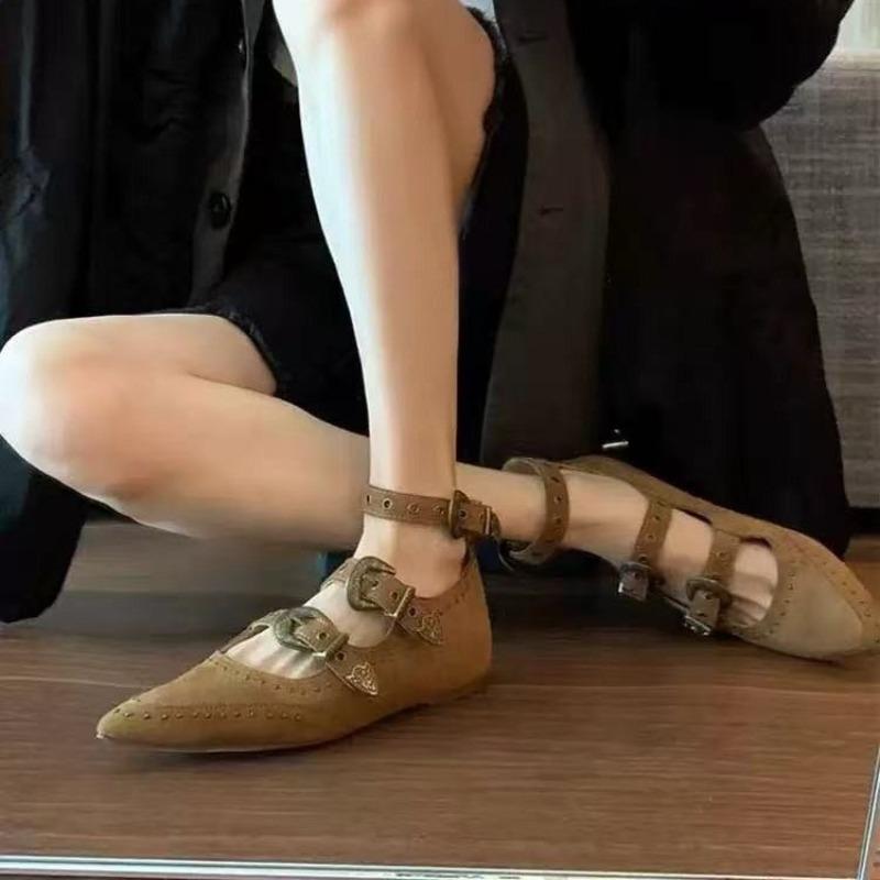 Damen Spangen-Ballerinas Designer Schnalle Mode Arbeitsschuhe Herbst 2025 Neu Wildleder Kleid Flach Zapatillas Mujer