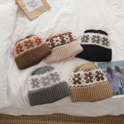 Flower Knitted Stylish and Warm Woolen Hat Children's Ear Protection for Autumn and Winter Round Face Cold Hat Winter Knitted Hat School Style