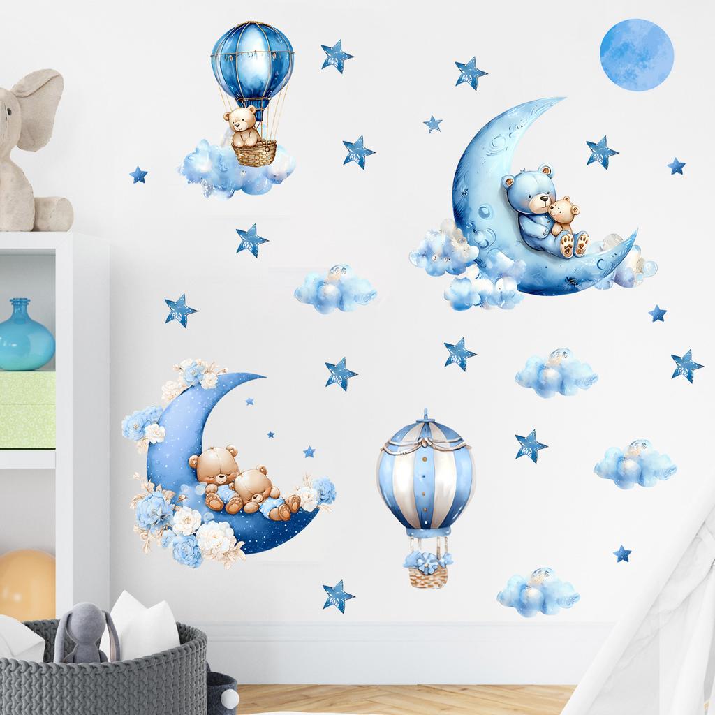 Cartoon Bear Moon Hot Air Balloon Wall Sticker Self Adhesive Decal for Kids Room Living Room Bedroom Home Decoration