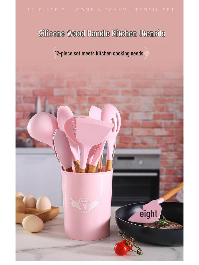 12-Piece Silicone Kitchen Utensil Set with Wooden Handles - Includes Spatula, Slotted Spoon, Frying Spatula, and Baking Tools