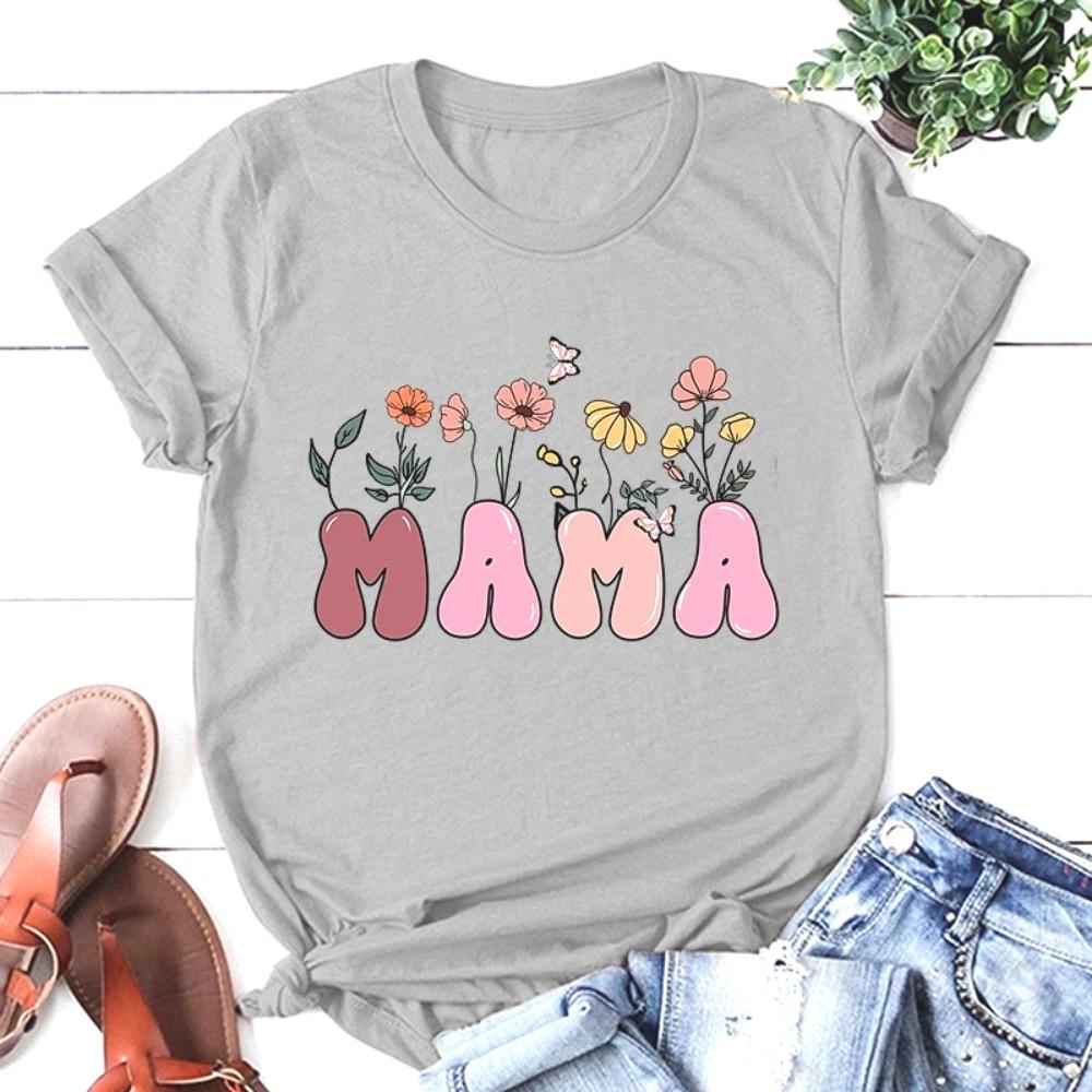 Hot Mother's Day Flower Mama Letter Printed Women Summer Short Sleeve Tee Shirts Round Neck Casual Summer Mother's Day Gift Tops