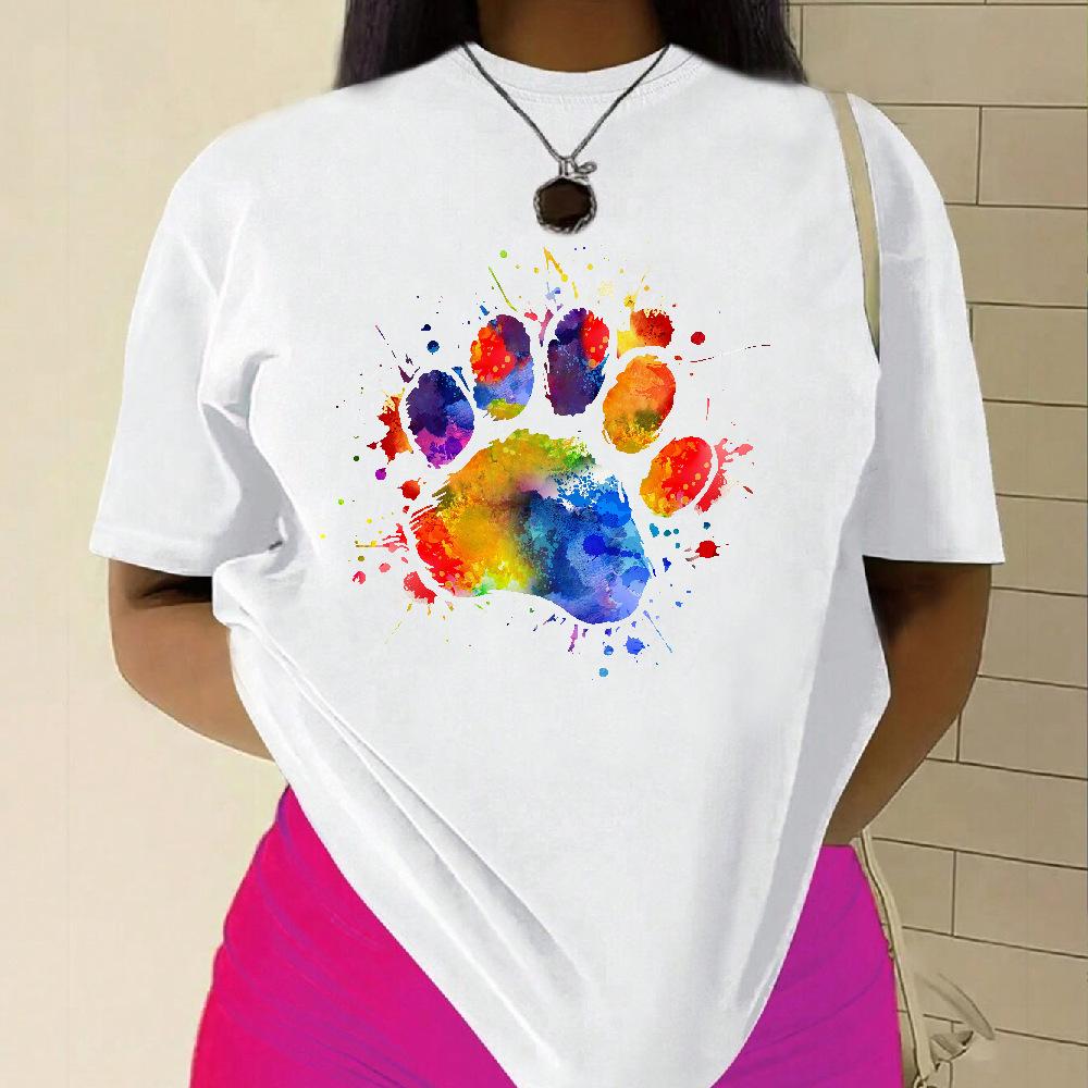 Cotton T-Shirt Short Sleeve Round Neck Women 2d Print Tops