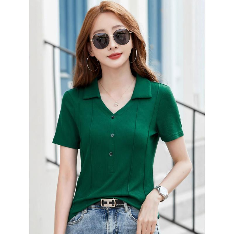 Summer Turn-Down Collar Short Sleeve Middle-Aged and Elderly Mom's Fashionable Slim-Fit Solid Color Plus Size Thin Shirt Top Women's T-Shirt