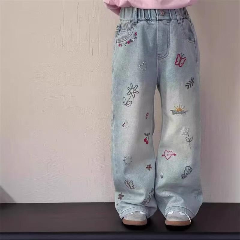 Girls' Denim Wide Leg Pants Children's Jeans Thin Straight Leg Pants High Waisted Pants
