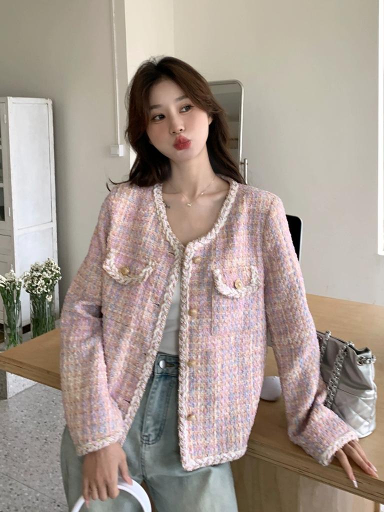 Pink Xiaoxiangfeng Jacket, Spring and Autumn Women's New Korean Sweet Celebrity Style Age-reducing Tweed Short Top