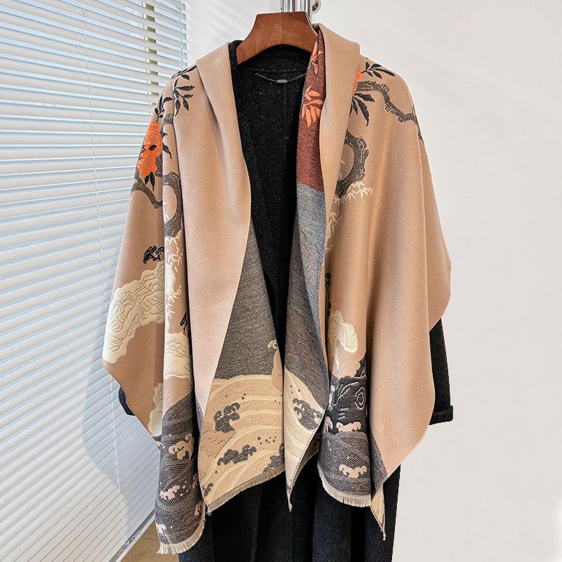 Double-Sided Imitation Cashmere Geometric Texture Printing Thickened Warm Scarf Air-Conditioned Room Neck Protection Shawl Outside