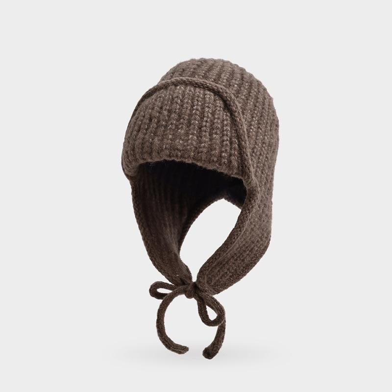 Autumn Winter Pink Knitted Women's Earflap Pilot Hat Warm Versatile Face-Flattering Ski Wool Hat