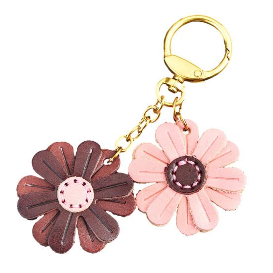 

Keychain Pendant Double Chrysanthemum Design Retro Style Soft Imitation Leather Key Holder Bag Accessories B