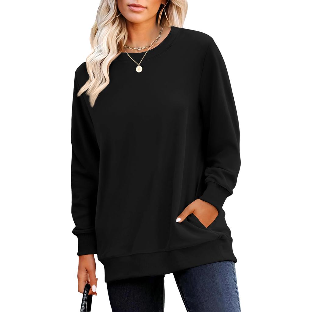 Women's Casual Fashion Solid Color Neck Long Sleeve Sweatshirt Lightweight Pullover With Side Pockets Warm Sweatshirt