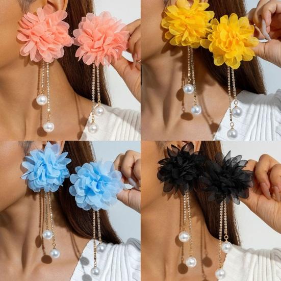 Große Stoffblumen-Ohrringe Boho Faux-Perlen Hänge-Ohrringe Lange Strass-Quasten-Ohrringe für Feiertage Urlaubs-Partys Strand