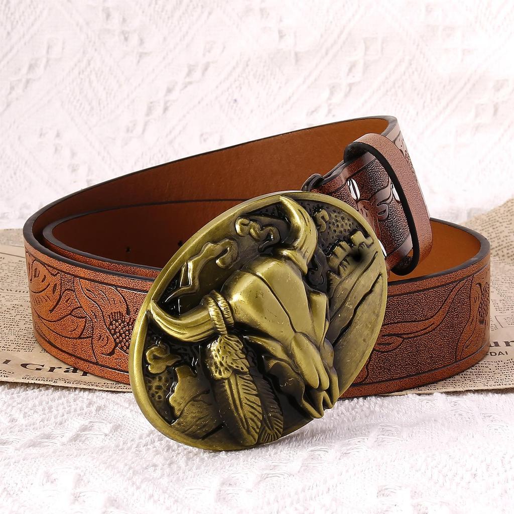 2024 Trendy Men's Leather Belt with Bull Head Buckle - European & American Fashion