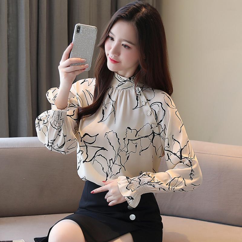 Moda Stand Slim Fit Chifón Casual Camisas de Mujer Tops de Primavera Manga Acampanada Blusa Temperamento Mujer Elegante Estampado Simple Oficina Señoras Camisas 26347