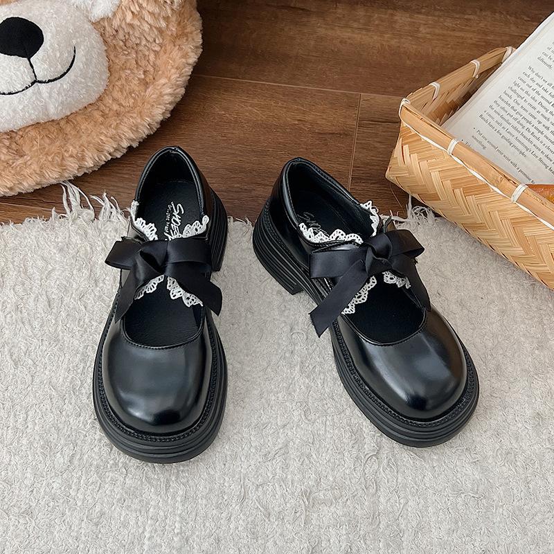 

White bow small leather shoes women s summer lace platform Mary Jane round head jk loafers cute light mouth single shoes 35 чёрный