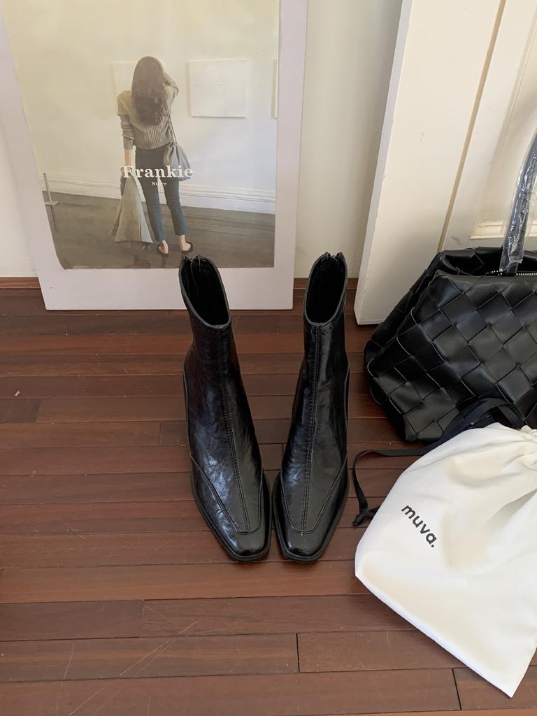 European and American high-heeled square-headed thin boots short boots women's thick-heeled French elastic retro Martin boots British short single boo