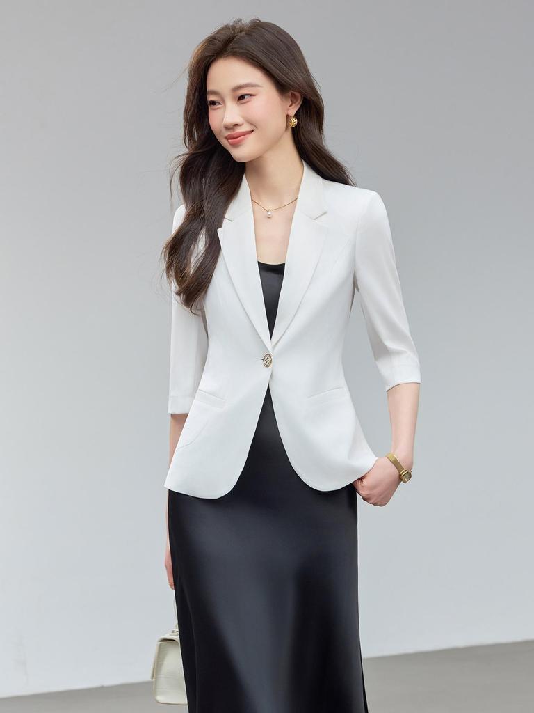 White Women's Casual Slim-Fit Blazer with Mid-Sleeves