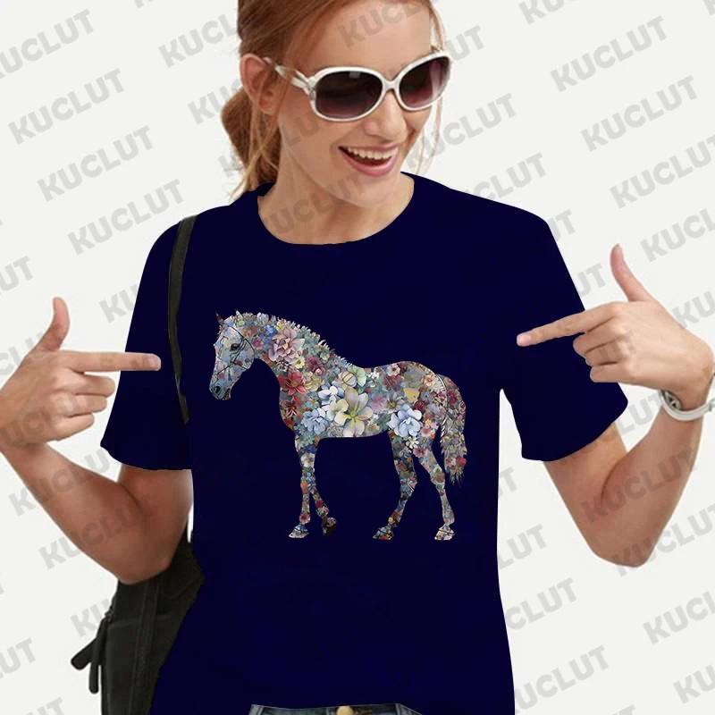 Floral Horse Funny Graphic Blouse Women T-Shirt Short Sleeve O-Neck Creative T Shirts Fashion Breathable Y2k Tops Casual Tees