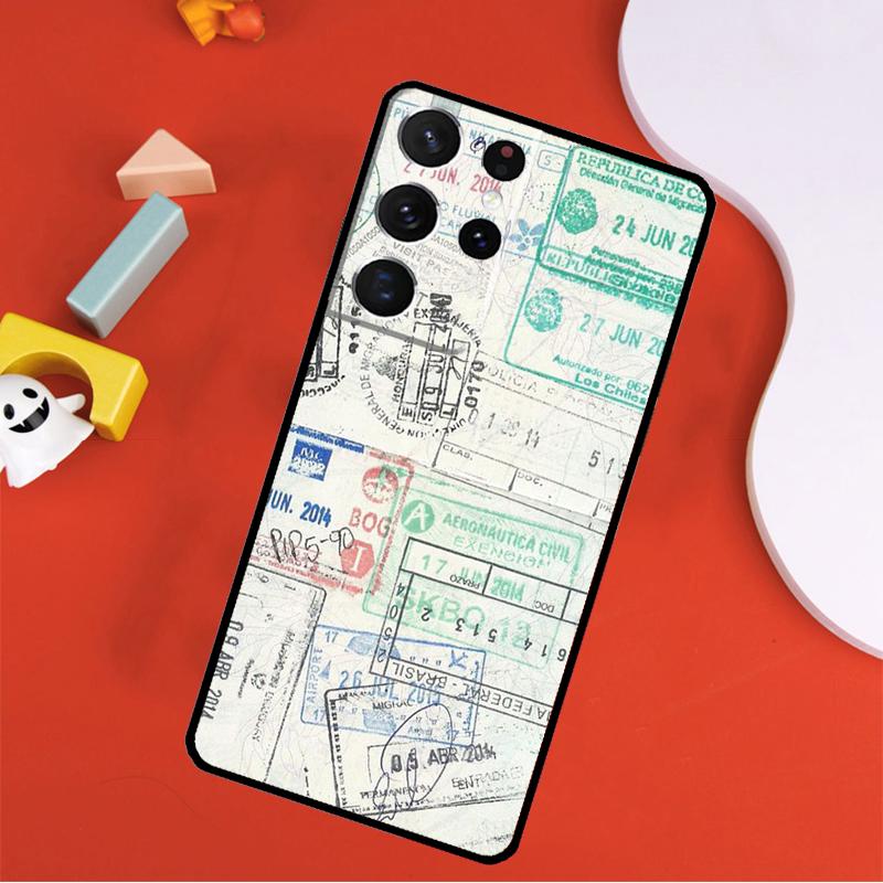 Retro Post Card Passport Stamps Phone Case For Samsung Galaxy S25 Ultra S9 S10 S20 S21 FE S22 S23 S24 Plus S24 Ultra Cover