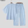 INCERUN 2 Stück Sommer Herren Kurzarm Gestreifte Nähte Hemden und Lange Hosen Übergroße Outfits Sets