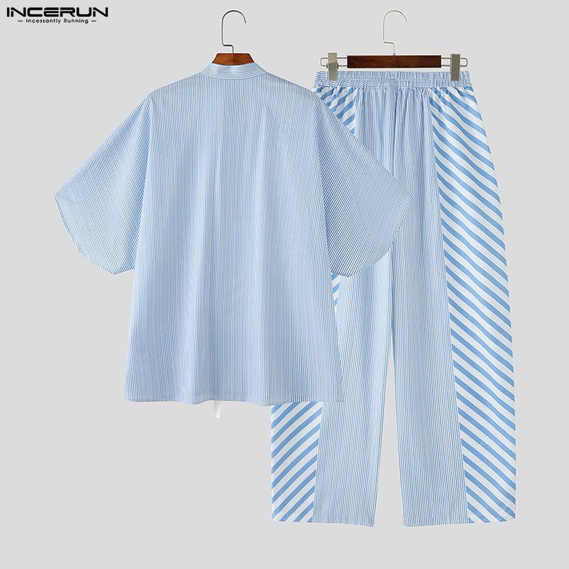 INCERUN 2 Stück Sommer Herren Kurzarm Gestreifte Nähte Hemden und Lange Hosen Übergroße Outfits Sets