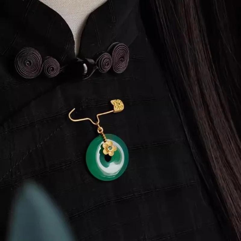 Classic Simple vintage Crystal Flower Broche Natural Hotan Jade Green Round Brooches for Women Banquet Jewelry