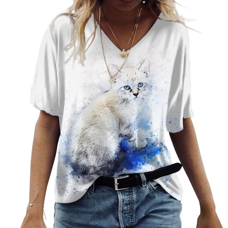 Magliette da donna 3d con scollo a V Stampa grafica gatti carini Manica corta Estiva Moda Kawaii Magliette casual Abbigliamento femminile divertente