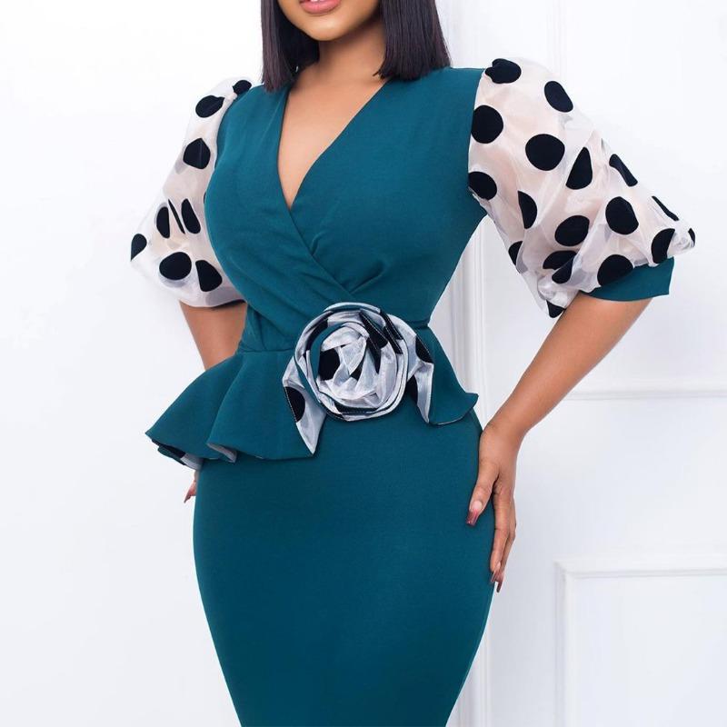 Plus Size Women Fashion V Neck Mesh Patchwork Midi Pencil Dress