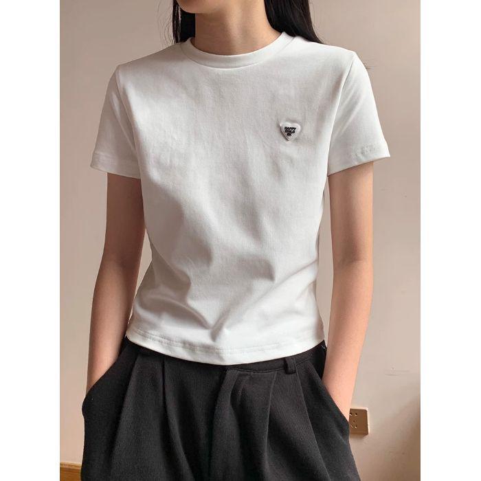 

Женская приталенная белая футболка с круглым вырезом и вышивкой в виде сердца - Летний топ с коротким рукавом XL