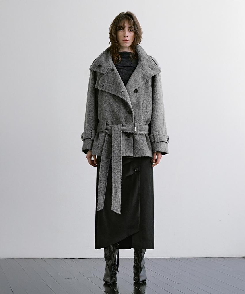 TREEMINGBIRD High-Neck Convertible Belted Half Coat [ Gray ]