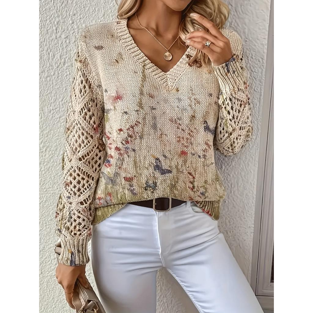 Elegant Autumn and Winter, Bohemian, Western-style Versatile Pullover V-neck Long Sleeved Women's Top, Trendy Women's Knitted Sweater