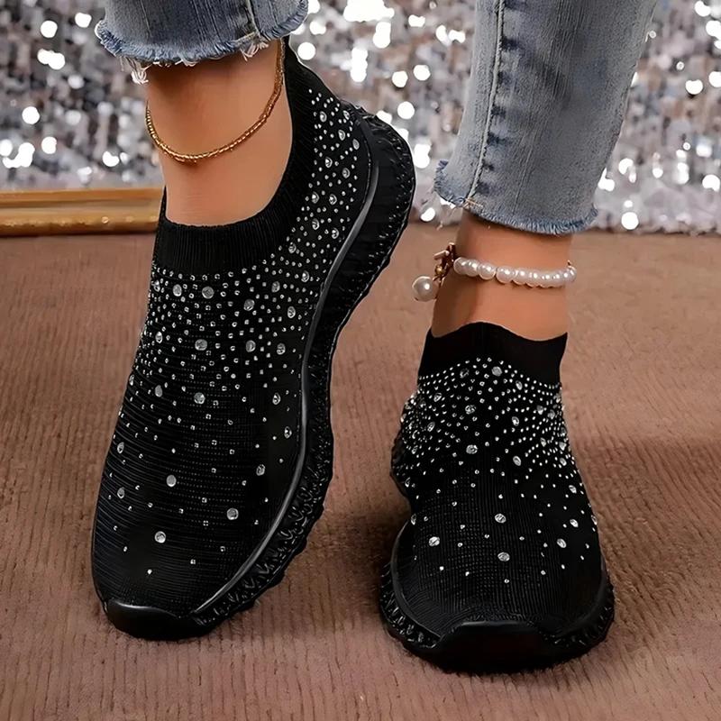 Shiny Black Women Sneakers Breathable Knitted Non Slip Casual Walking Shoes Woman Comfortable Soft Bottom Loafers Flats