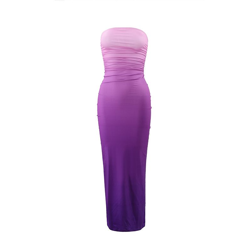 

Western Style Ins New Fashion Tube Top Gradient Color Slim fit Long dress Sexy Backless Print Sheath Dress Women Purple S
