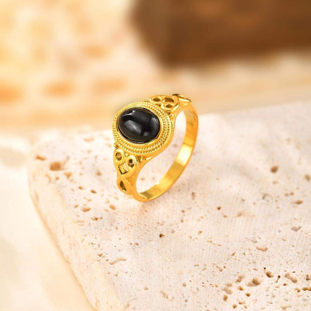Classic Black Agate Oval Ring for Women,Natural Stone Stainless Steel Rings,Trendy Waterproof Jewelry Gift
