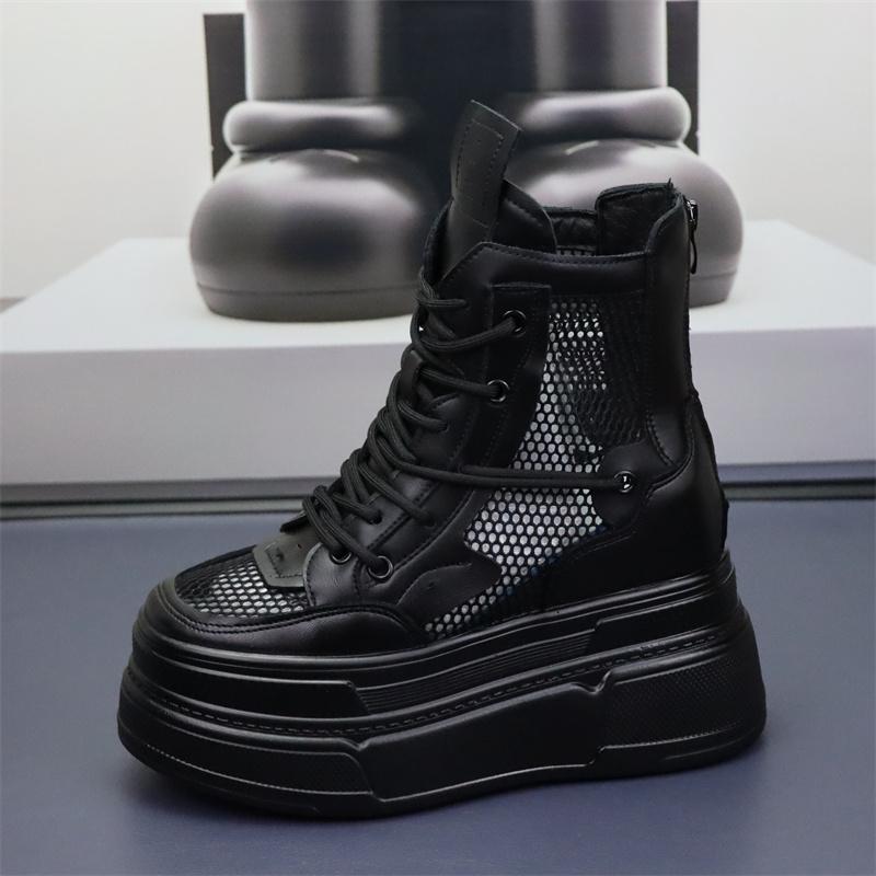 Fashion 12CM Women Breathable Platform Chimney Hollow Fashion Summer Shoes Air Mesh Genuine Leather Synthetic Mid Calf Ankle Boots