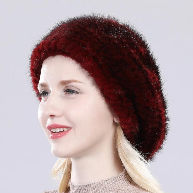 New Winter Lady Natural Mink Fur Beanies Hat Knit Warm Striped Genuine Mink Fur Caps Women Good Elastic Real Mink Fur Hat