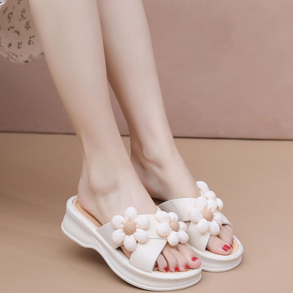 Strandsandalen Pantoletten Hausschuhe Keilabsatz Weiche Sohle Rutschfest Floral Heimschuhe für Damen Hausschuhe Frau