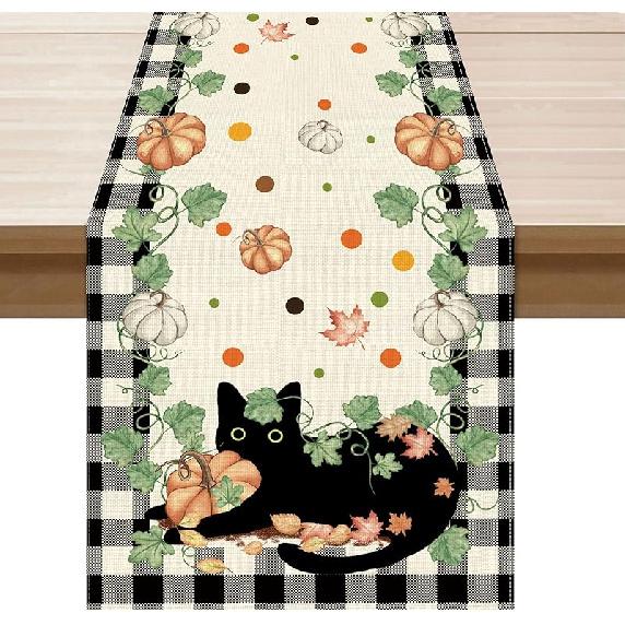 XCHI Fall Black Cat Pumpkin Plaid Placemats Set of 4 Table Mats for Party Home Kitchen Dining Table Decorations 12x18 Inch