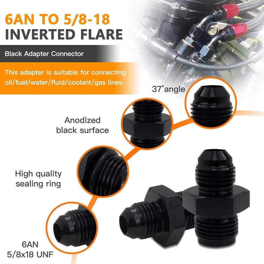 New -6AN 6AN Male Flare to 5/8"-18 Inverted Flare Adapter Fitting Fit for Tru Cooler 40K, Pack of 2, Black