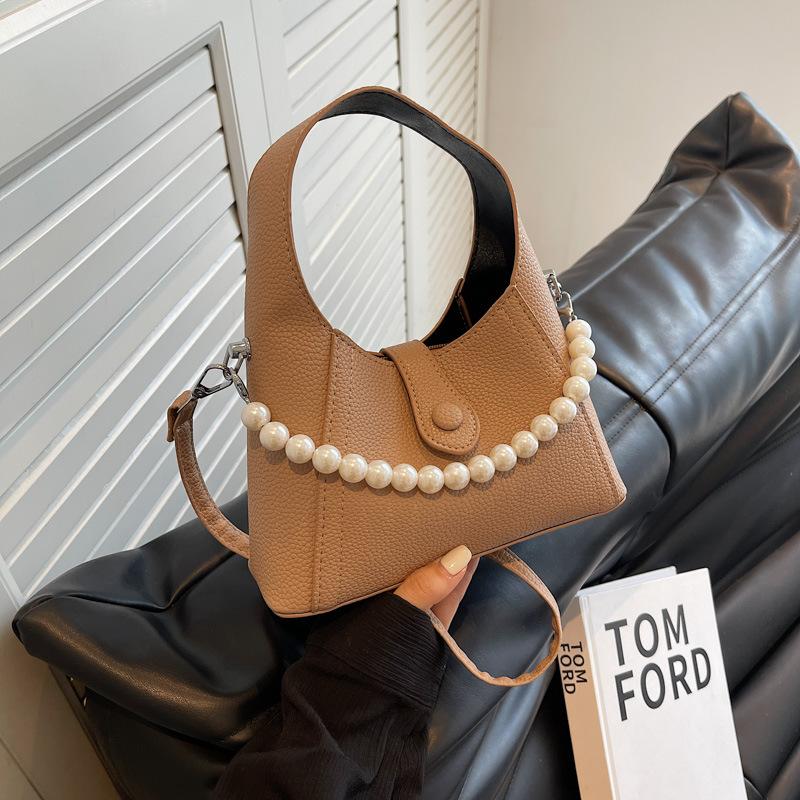 Fashion Simple Solid Color Pearl Chain Women Handbag  Summer Commuting Textured Female Underarm Bag Korean Crossbody Bags