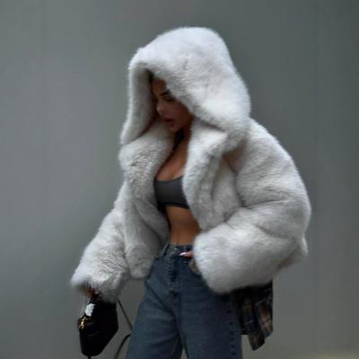 Women Hooded Short Faux Fur Plush Jacket Winter Warm Coat
