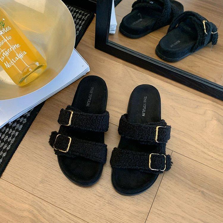 

2025 new lamb wool shoes metal buckle one word open toe slippers boken shoes wear sandals support Internet celebrity women s shoes 35