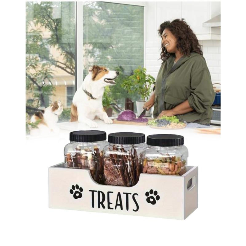 Pet Treat Storage Organizers Wooden Box 3 Sealed Jars Nonslip Base Storage Box