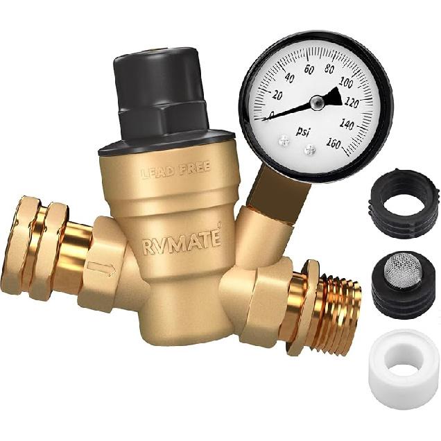 RVMATE RV Water Pressure Regulator With Adjustable Knob, Brass Lead-Free Water Pressure Reducer Kit, Adjustable Valve With Inlet Screen Filter, For
