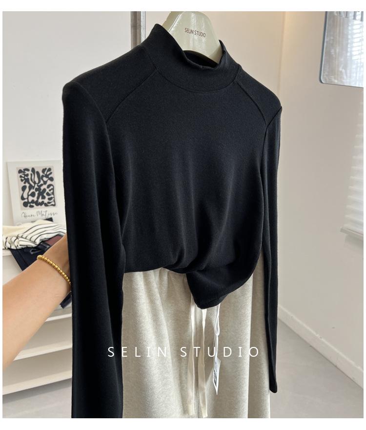 Korean-Style Double-Sided Oreo Fleece Half-Turtleneck Warm Base Layer Top for Women - Long-Sleeve Winter T-Shirt