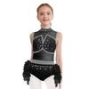 Girls Jazz Latin Dance Costume Shiny Rhinestones Color Block Leotard with Feather Skirt Sleeveless Cutout Back